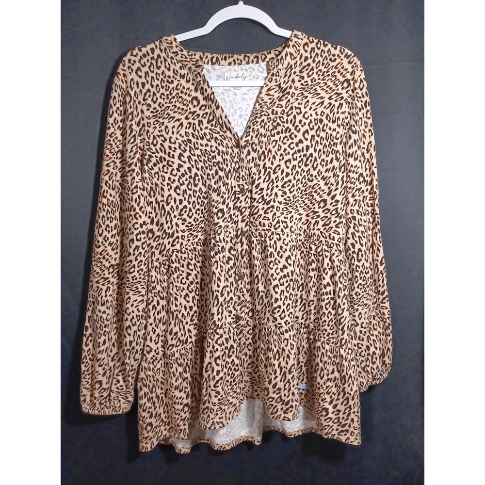 Wonderly Women’s Large Gold Cheetah Print Tunic Flowy Long Sleeve V‑Neck Button